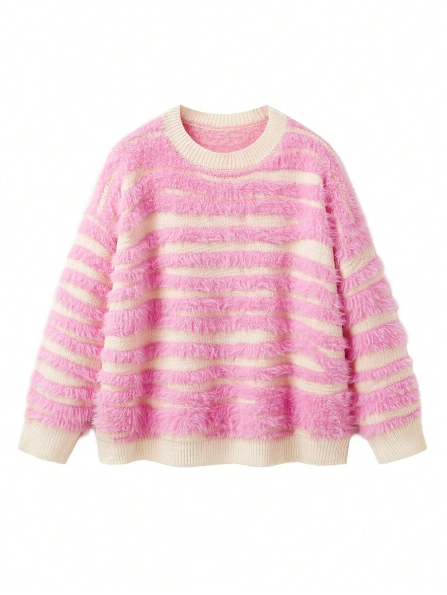 Flirla 大码圆领宽松拼色条纹毛衣，秋冬 - 粉色 - 查看 1