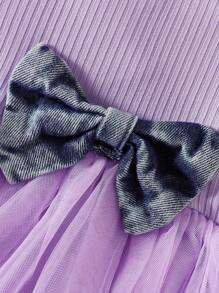 Baby Girl Spring Autumn Bowknot Decor Long Sleeve Jacket And Mesh Splice Cami Dress 2pcs/Set - Mauve Purple - View 5