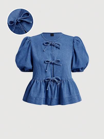 SHEIN MOD Women's 90s Fashion Women Vintage Clothes, Crew Neck Shirt, Sweet Blue Denim Short Sleeve Top With Puff Sleeves, Bow Shirts, Back To School Clothes, Fall Clothes, Cruise Women Outfits, Women Blouses, Fall Tops, Bubble Shirt, Bow Shirt, School Shirts, Light Blue Shirt, Homecoming Shirt, Birthday Outfit