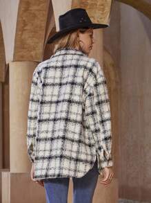 Aveloria 女士秋冬复古休闲时尚格子衬衫领宽松夹克 - 白色 - 查看 2
