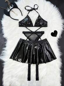 مجموعة أزياء تنكرية للنساء 4قطع (صدرية ، تنورة ، جوارب من الشبكة ، غطاء رأس) - الأسود - مشاهدة 3