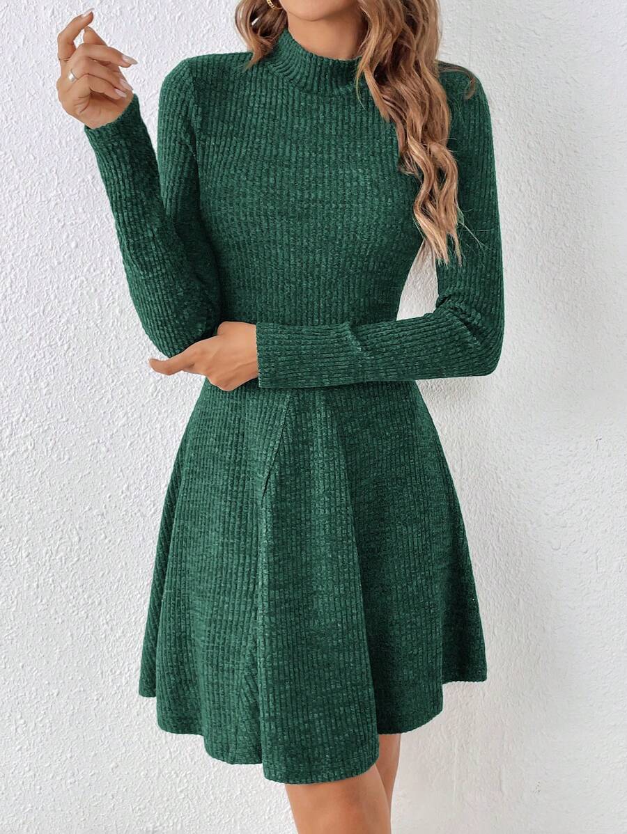 SHEIN Frenchy 女式纯色立领长袖罗纹下摆休闲迷你连衣裙，春秋季 - 綠色 - 查看 1