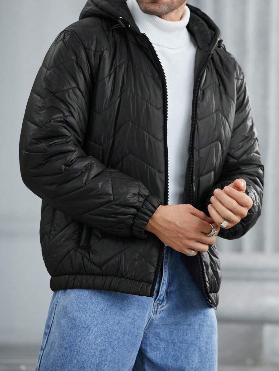 Manfinity Homme Men's Zipper Pocket Drawstring Hooded Padded Coat - Black - View 1