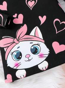 Knitted Loose Casual Cat Print Round Neck Dress And Crossbody Bag For Young Girls - Black - View 4
