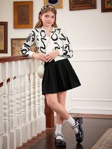 女童棒球领拉链夹克，单色图案印花，短款，休闲外套，秋季 - 杏色 - 查看 9