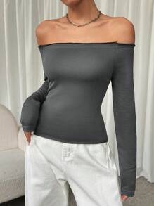 SHEIN EZwear 1 件女式露肩休闲长袖 T 恤，深灰色 - 灰色 - 查看 4