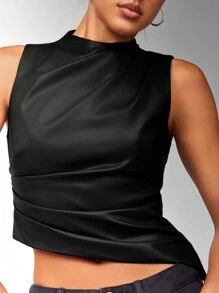 SHEIN BAE Top de tirantes de moda con cuello alto y plisado de piel sintética para mujer, ideal para verano