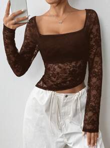 SHEIN EZwear 女士蕾丝领长袖修身时尚春夏季衬衫