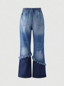 SHEIN Explorewe Girls' Color Block Distressed Flared Hem Jeans, Fashionable And Versatile, Suitable For Spring, Summer, And Autumn - Blue - View 2
