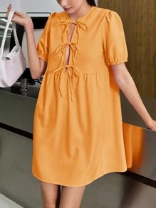 INAWLY Vestido holgado de manga abullonada corta con abertura frontal de amarre en unicolor para mujer de talla grande de verano