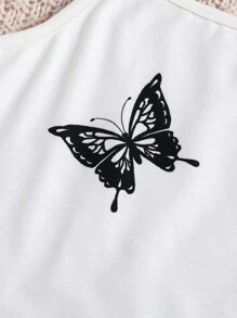 SHEIN 2pcs Teen Girls' Minimalist Butterfly Print Camisole And Shorts Casual Loungewear Pajama Set - Black and White - View 4