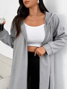 Flirla 大码 2024 春秋女式灰色连帽拉链长款休闲夹克带侧袋 - 灰色 - 查看 3