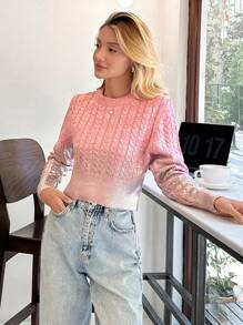 EURMUSE 女士箔印花圆领针织长袖粉色和银色图案毛衣套头衫 - 粉色 - 查看 7