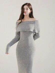 DAZY Women Off-Shoulder Long Knitted Bodycon Sweater Dress, Grey, Spring/Summer/Autumn