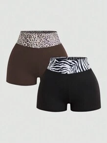 VaVaBold Bộ quần short họa tiết ngựa vằn + họa tiết da báo EZwear dành cho nữ, thường ngày mùa hè, mặc hàng ngày, quần tập yoga - Nhiều màu - Xem 1