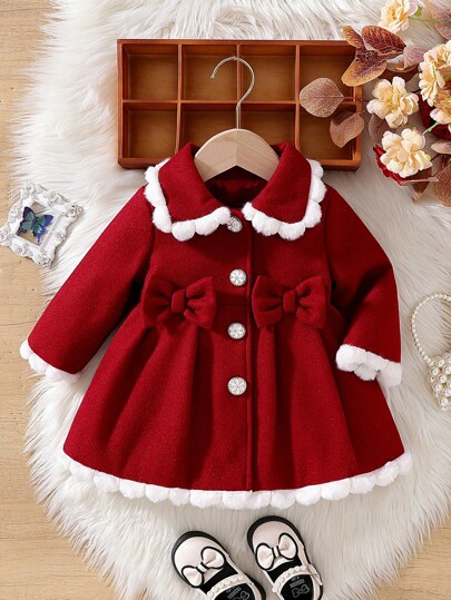 SHEIN Vintaside Kids Baby Girls' Fur Collar Bow Decor Jacket, Fall/Winter