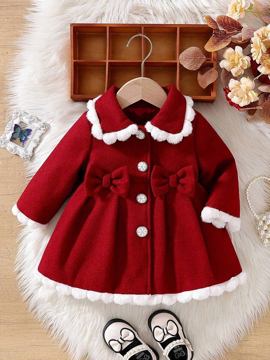 SHEIN Vintaside Kids Jaket Bayi Perempuan dengan Kerah Bulu dan Hiasan Pita, Musim Gugur/Dingin - Burgundy - View 1