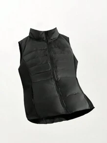 SHEIN SXY Women's Solid Color Stand Collar Zipper Front Down Vest Jacket, Winter - Black - View 6