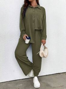 Elenzga 2 件大码女式春夏纯色长袖单排扣衬衫和裤子休闲套装 - 軍綠色 - 查看 3