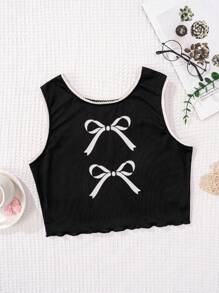 Tween Girl Black Minimalist Stylish Bow & Ribbon Print Comfortable Sleeveless Camisole Underwear - Black - View 1
