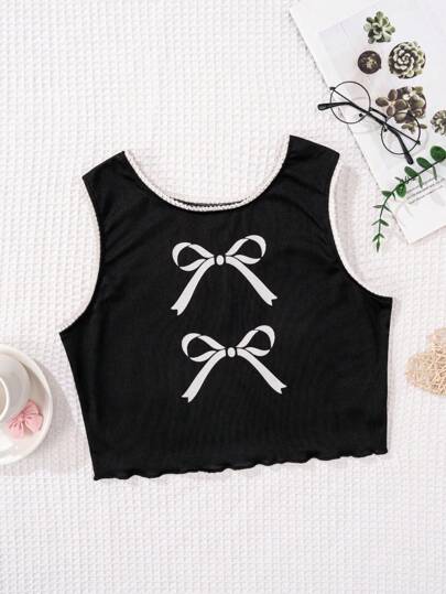 Tween Girl Black Minimalist Stylish Bow & Ribbon Print Comfortable Sleeveless Camisole Underwear
