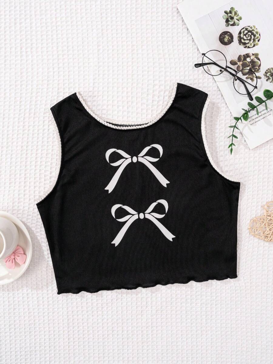 Tween Girl Black Minimalist Stylish Bow & Ribbon Print Comfortable Sleeveless Camisole Underwear - Black - View 1