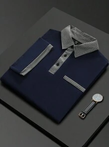 Manfinity Mode Men's Solid Color Patchwork Front Button Short Sleeve Casual Polo Shirt