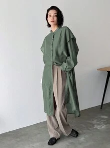 FRIFUL 女士休闲宽松纯色落肩长袖单排扣长衬衫，春秋季 - 綠色 - 查看 4