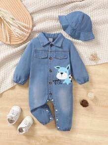 Baby Boys Casual Blue Denim Woven With Cartoon Animal Print Long Sleeve Jumpsuit, Comfortable All-In-One Piece Outfit For Fall/Winter