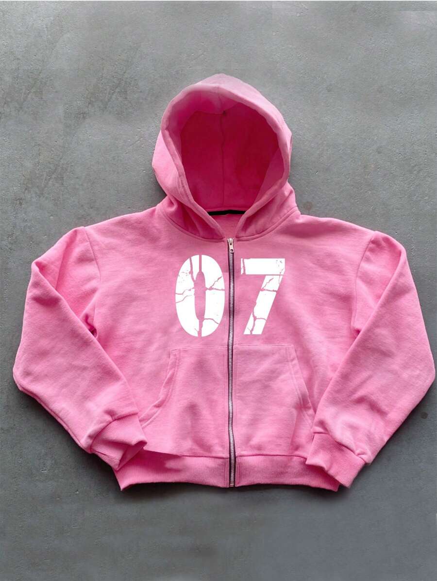 Manfinity Campus Court Aesthetic Post--Loose Fit Men's Hooded Sweatshirt With Letter Print, Zipper Front And Thermal Lined ,Y2K Cute Fall Clothes - Pink - View 1