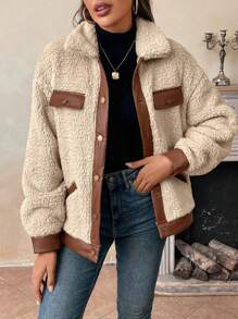 SHEIN LUNE 女士休闲保暖PU拼接毛绒口袋外套，秋冬季，休闲款 - 彩色 - 查看 4