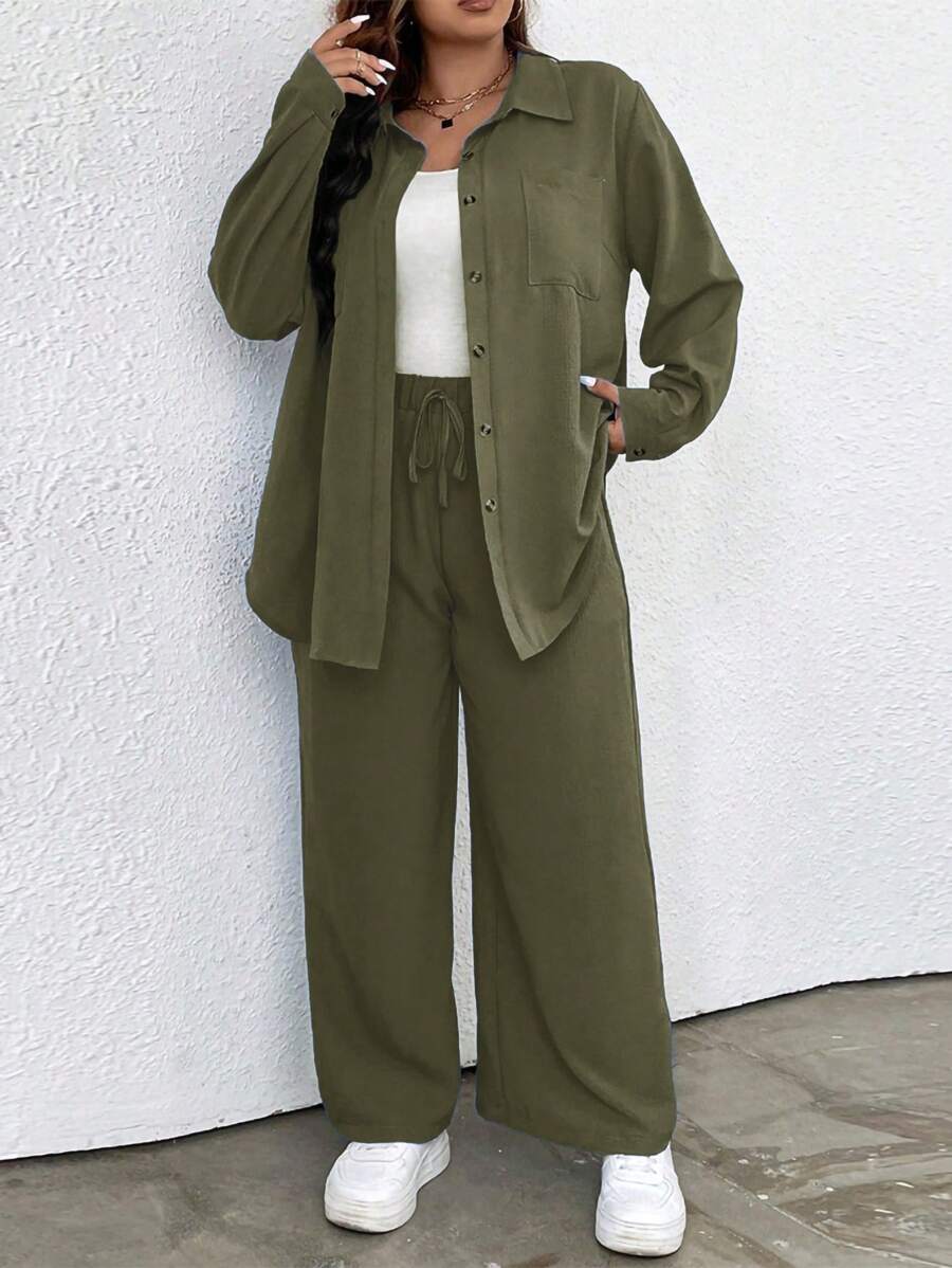 Elenzga 2 件大码女式春夏纯色长袖单排扣衬衫和裤子休闲套装 - 軍綠色 - 查看 1