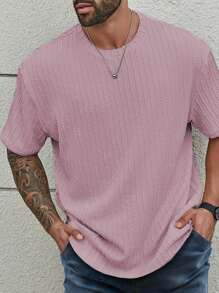 Manfinity Homme Plus Size Men's Solid Color Crew Neck Short Sleeve Casual Top Tee - Pink - View 7