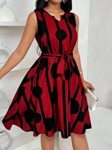 SHEIN Women's Elegant Geometric Print Tie Waist Short Dress