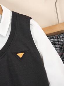 SHEIN 青少年男孩 3 件套：纯色长袖衬衫 + V 领背心 + 格纹印花松紧腰裤，正装，适合圣诞节 - 彩色 - 查看 4