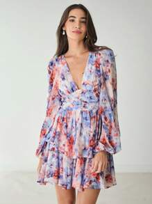 SHEIN 女式全印花 V 领分层长袖连衣裙 - 藍色 - 查看 3