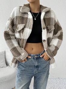 SHEIN EZwear Women's New Plush Regular Jacket - Brown - View 3