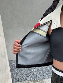 SHEIN Áo khoác cardigan dài tay cổ đứng bằng da PU cho bé gái tuổi mới lớn ngọt ngào và mát mẻ - Nhiều màu - Xem 6