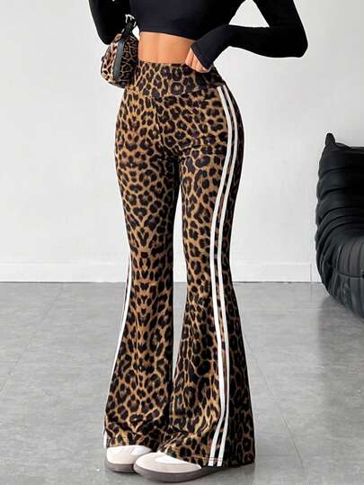 SHEIN PETITE Women's High-Waisted Side Stripe & Leopard Print Flared Leg Pants