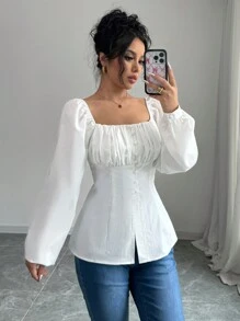 Chiquease New Arrival French Style Square Collar Pleated Keyhole Front Slit Blouse - White - View 5