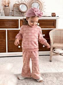 SHEIN 2 件套女婴花卉提花长袖上衣和裤子套装，春秋 - 粉色 - 查看 8