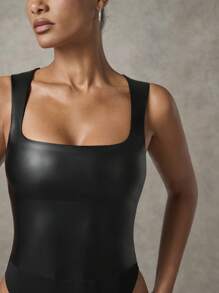 SHEIN BAE 女士春秋款方领 PU 皮革无袖修身紧身衣/时尚百搭简约 - 黑色 - 查看 5