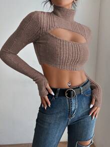 Chiquease 女士春秋纯色高领长袖镂空短款修身 T 恤 - 粉色 - 查看 6