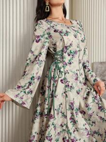 Al Najma 花卉印花长袖系带阿拉伯风格连衣裙，休闲优雅 A 字形长款卡夫坦 Jalabiya 阿拉伯连衣裙，适合晚会/婚礼嘉宾/周年纪念 - 彩色 - 查看 3