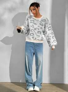 Flirla 宽松休闲豹纹针织毛衣，秋冬针织套头衫 - 彩色 - 查看 4