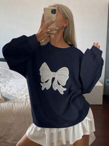 DAZY 女式超大圆领蝴蝶蕾丝刺绣运动衫，秋季新品 - 藏蓝色 - 查看 4