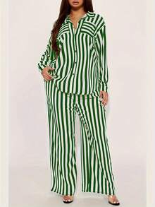 大码 2 件装绿色和白色条纹印花衬衫领长袖上衣和裤子套装 - 綠色 - 查看 4