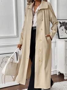 Chiquease 女式卡其色侧袋系带长袖风衣，秋冬款 - 卡其色 - 查看 7
