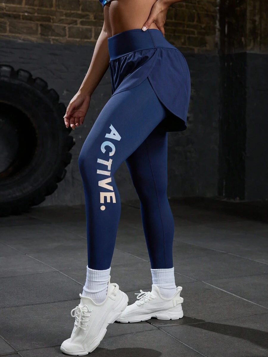 Powerista 渐变字母印花高腰弹力腰二合一紧身裤瑜伽女裤 - 黑色 - 查看 1