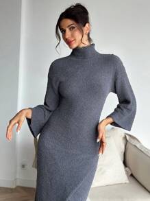 SHEIN Privé 女士灰色高领开袖中长款毛衣连衣裙，秋冬 - 灰色 - 查看 1